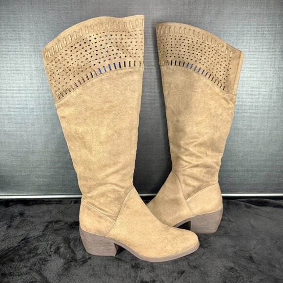 David Aaron Taupe Knee High Perforated Boots - Picture 2 of 11